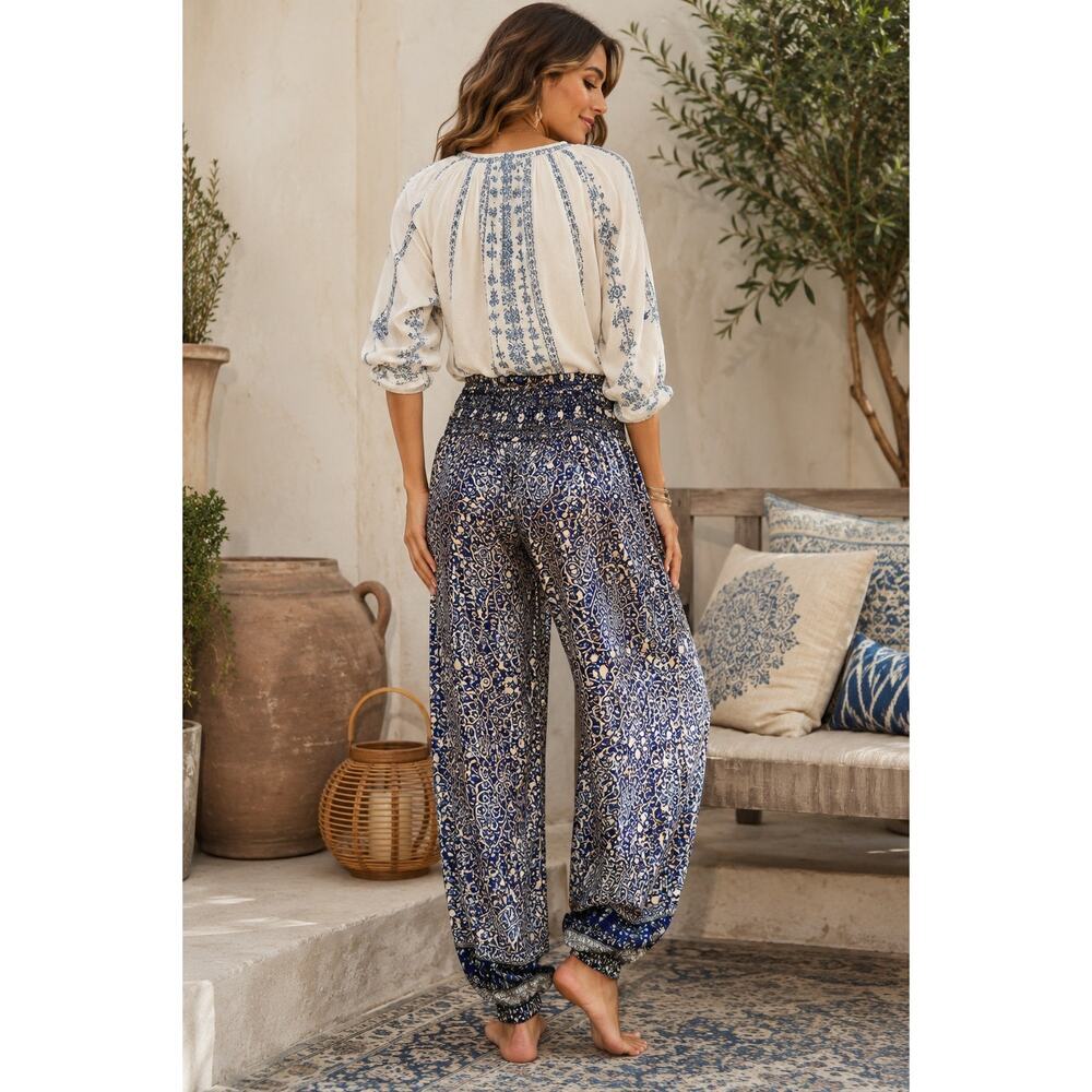 Johnny Was Style Boho Paisley Harem Jogger Pants Smocked Waist Resort Festival S - Picture 2 of 13